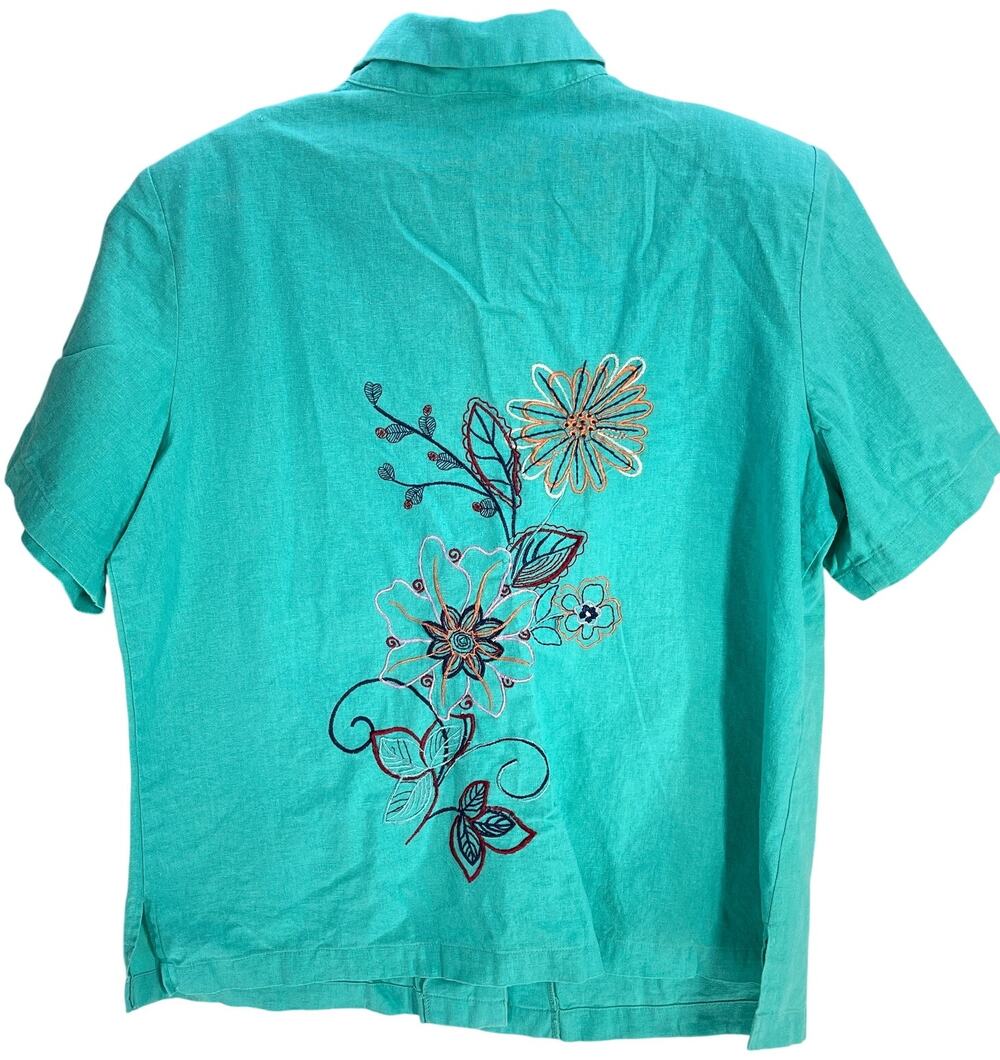 AKC Blouse Women Plus 1X Green Linen Blend Embroidered Floral Short Sleeves